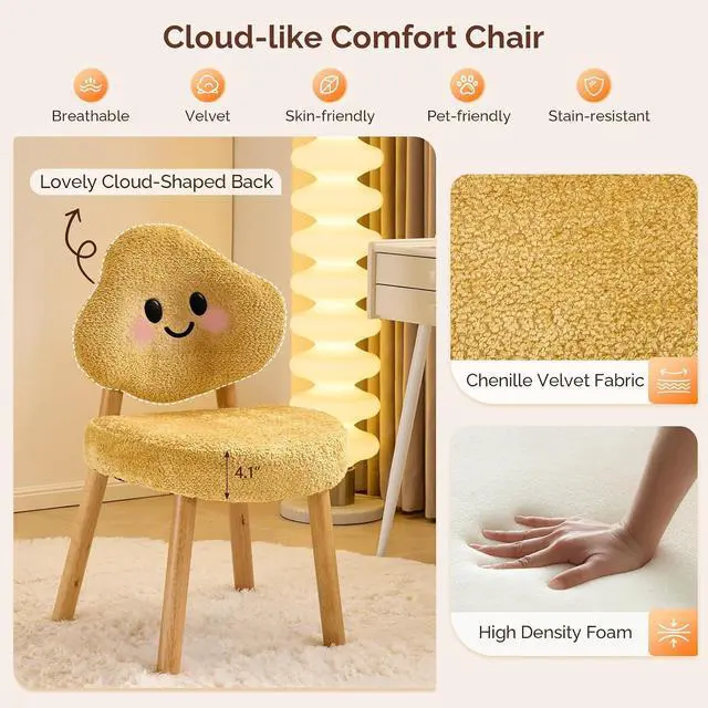 Alt view image 4 of 7 - VINGLI Cute Cloud-Back Armless Vanity Chair with No Wheels, Modern Desk Chair with 4 Solid Wood Legs for Girls, Plush Chenille Velvet Comfy Makeup Accent Chair for Bedroom,Living Room,Office, Yellow