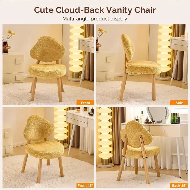 Alt view image 6 of 7 - VINGLI Cute Cloud-Back Armless Vanity Chair with No Wheels, Modern Desk Chair with 4 Solid Wood Legs for Girls, Plush Chenille Velvet Comfy Makeup Accent Chair for Bedroom,Living Room,Office, Yellow