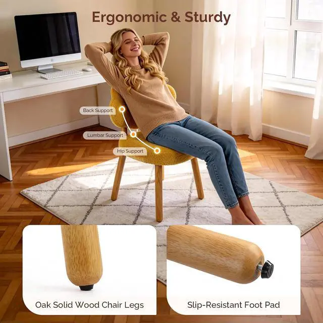 Alt view image 7 of 7 - VINGLI Cute Cloud-Back Armless Vanity Chair with No Wheels, Modern Desk Chair with 4 Solid Wood Legs for Girls, Plush Chenille Velvet Comfy Makeup Accent Chair for Bedroom,Living Room,Office, Yellow