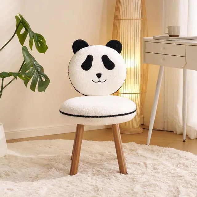 Main image of VINGLI Cute Panda Vanity Chair No Wheels w/Solid Wood Legs & 18.1" W Seat,Armless Modern Accent Chair w/Backrest, Soft Cozy Makeup Chair,for Bedroom,Teenager Playroom,Reading Nook,Teddy Fleece,Black