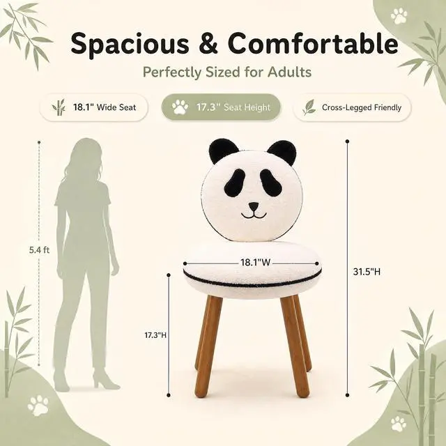Alt view image 2 of 7 - VINGLI Cute Panda Vanity Chair No Wheels w/Solid Wood Legs & 18.1" W Seat,Armless Modern Accent Chair w/Backrest, Soft Cozy Makeup Chair,for Bedroom,Teenager Playroom,Reading Nook,Teddy Fleece,Black