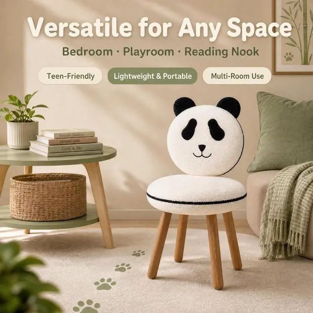 Alt view image 4 of 7 - VINGLI Cute Panda Vanity Chair No Wheels w/Solid Wood Legs & 18.1" W Seat,Armless Modern Accent Chair w/Backrest, Soft Cozy Makeup Chair,for Bedroom,Teenager Playroom,Reading Nook,Teddy Fleece,Black