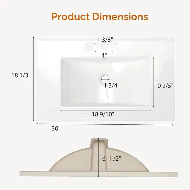 Alt view image 2 of 7 - VINGLI 30 In Vanity Top Sink, 3 Pre-Drilled Standard 1 3/8" Faucet Holes,1 3/4" Diameter of Center Hole,Modern Rectangular Ceramic Single Sink Basin Vanity Top, 30" W x 18 1/3" D x 6 1/2" H,White