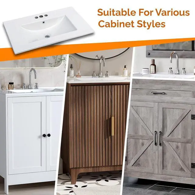 Alt view image 5 of 7 - VINGLI 30 In Vanity Top Sink, 3 Pre-Drilled Standard 1 3/8" Faucet Holes,1 3/4" Diameter of Center Hole,Modern Rectangular Ceramic Single Sink Basin Vanity Top, 30" W x 18 1/3" D x 6 1/2" H,White