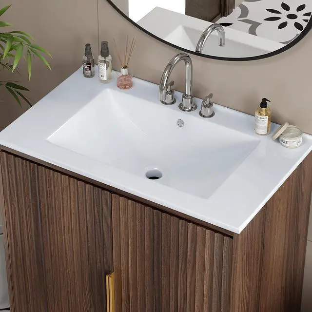 Alt view image 7 of 7 - VINGLI 30 In Vanity Top Sink, 3 Pre-Drilled Standard 1 3/8" Faucet Holes,1 3/4" Diameter of Center Hole,Modern Rectangular Ceramic Single Sink Basin Vanity Top, 30" W x 18 1/3" D x 6 1/2" H,White