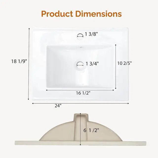 Alt view image 2 of 7 - VINGLI 24 In Vanity Top Sink,1 Pre-Drilled Standard 1 3/8" Faucet Hole,1 3/4" Diameter of Center Hole,24 Inch Modern Rectangular Ceramic Single Sink Basin Vanity Top, 24"Wx18.1"Dx6.7"H,White