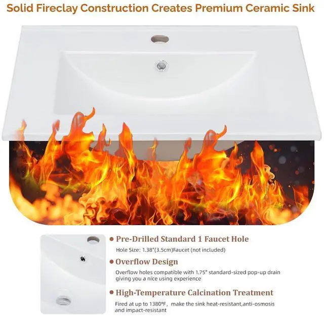 Alt view image 3 of 7 - VINGLI 24 In Vanity Top Sink,1 Pre-Drilled Standard 1 3/8" Faucet Hole,1 3/4" Diameter of Center Hole,24 Inch Modern Rectangular Ceramic Single Sink Basin Vanity Top, 24"Wx18.1"Dx6.7"H,White