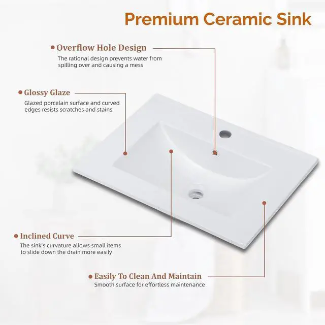 Alt view image 4 of 7 - VINGLI 24 In Vanity Top Sink,1 Pre-Drilled Standard 1 3/8" Faucet Hole,1 3/4" Diameter of Center Hole,24 Inch Modern Rectangular Ceramic Single Sink Basin Vanity Top, 24"Wx18.1"Dx6.7"H,White