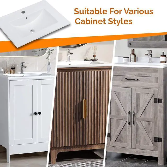Alt view image 5 of 7 - VINGLI 24 In Vanity Top Sink,1 Pre-Drilled Standard 1 3/8" Faucet Hole,1 3/4" Diameter of Center Hole,24 Inch Modern Rectangular Ceramic Single Sink Basin Vanity Top, 24"Wx18.1"Dx6.7"H,White