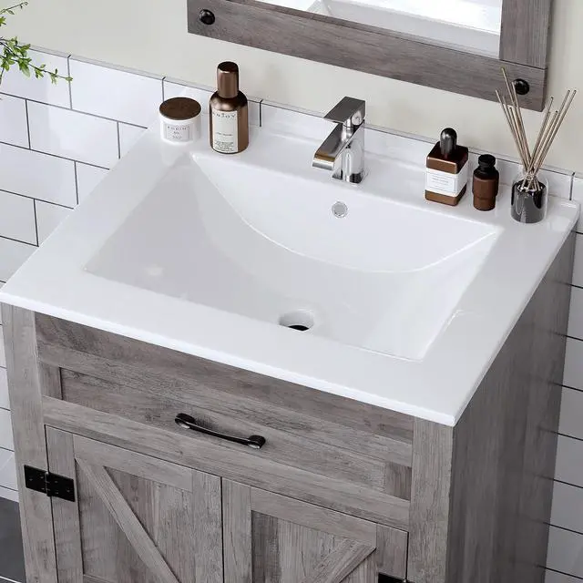 Alt view image 6 of 7 - VINGLI 24 In Vanity Top Sink,1 Pre-Drilled Standard 1 3/8" Faucet Hole,1 3/4" Diameter of Center Hole,24 Inch Modern Rectangular Ceramic Single Sink Basin Vanity Top, 24"Wx18.1"Dx6.7"H,White