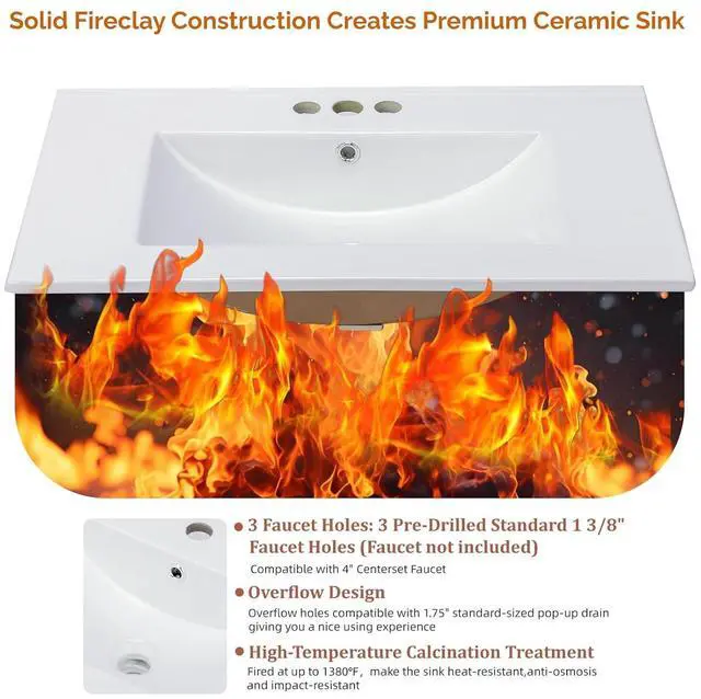 Alt view image 3 of 7 - VINGLI 30 In Vanity Top Sink, 3 Pre-Drilled Standard 1 3/8" Faucet Holes,1 3/4" Diameter of Center Hole,Modern Rectangular Ceramic Single Sink Basin Vanity Top, 30" W x 18 1/3" D x 6 1/2" H,White