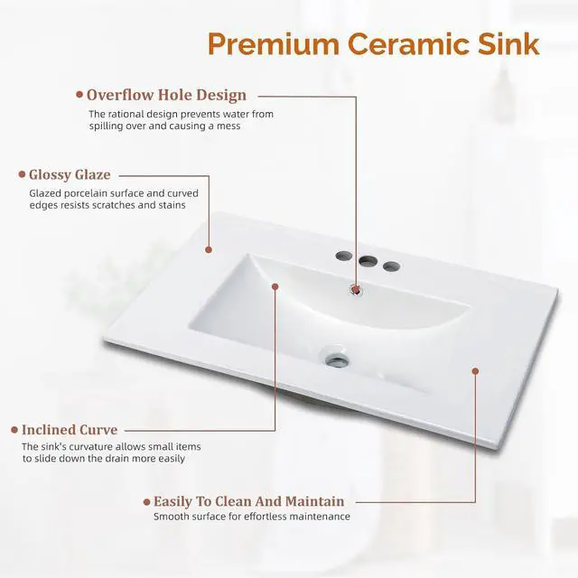 Alt view image 4 of 7 - VINGLI 30 In Vanity Top Sink, 3 Pre-Drilled Standard 1 3/8" Faucet Holes,1 3/4" Diameter of Center Hole,Modern Rectangular Ceramic Single Sink Basin Vanity Top, 30" W x 18 1/3" D x 6 1/2" H,White