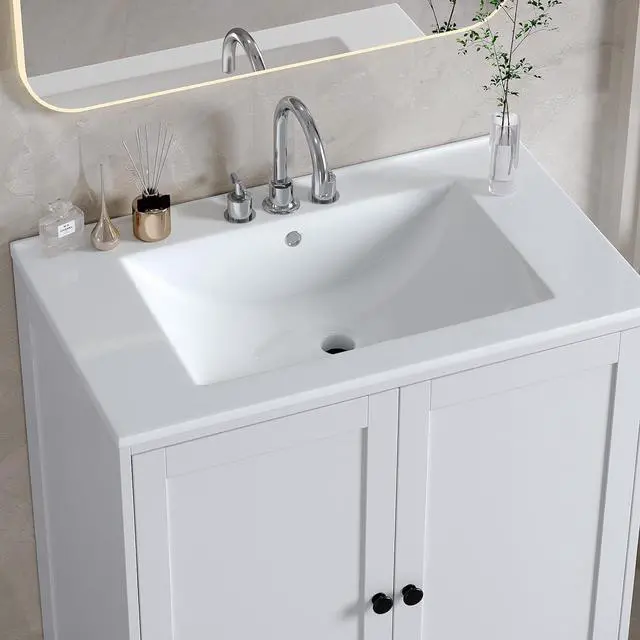 Alt view image 6 of 7 - VINGLI 30 In Vanity Top Sink, 3 Pre-Drilled Standard 1 3/8" Faucet Holes,1 3/4" Diameter of Center Hole,Modern Rectangular Ceramic Single Sink Basin Vanity Top, 30" W x 18 1/3" D x 6 1/2" H,White