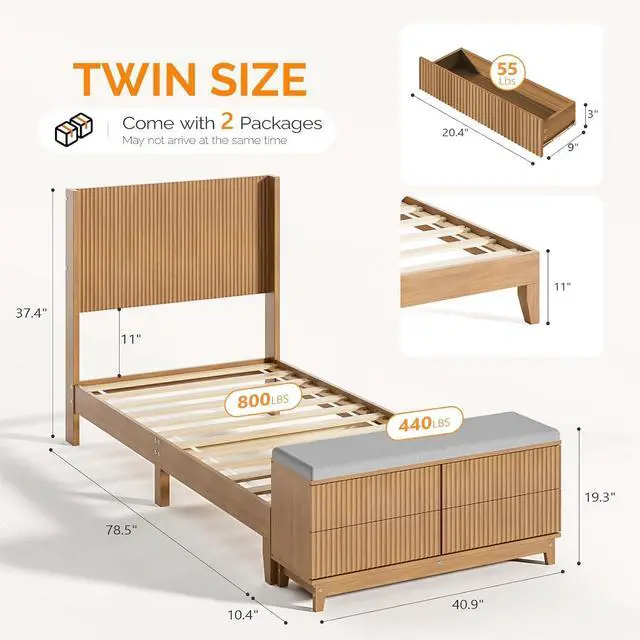 Alt view image 2 of 7 - VINGLI Fluted Twin Bed Frame with Storage Bench and Wingback Headboard, Boho Wooden Single Platform Panel Bed with 4 Drawers,Mid-Century Modern Sleign Bed,Oak