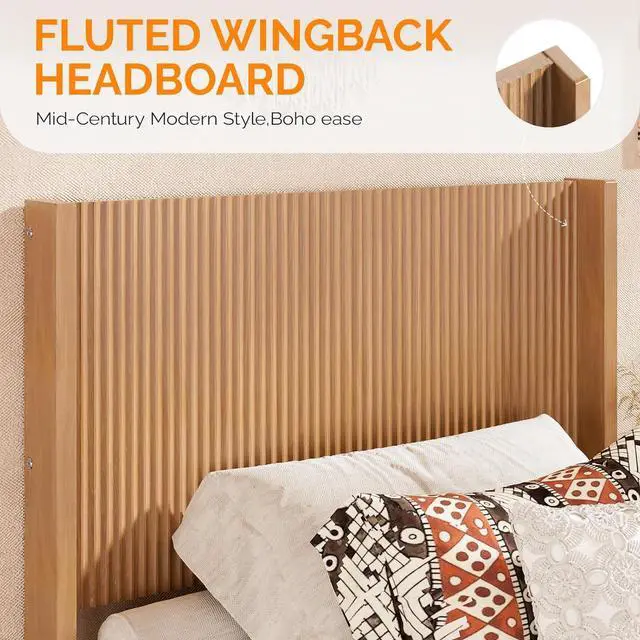 Alt view image 6 of 7 - VINGLI Fluted Twin Bed Frame with Storage Bench and Wingback Headboard, Boho Wooden Single Platform Panel Bed with 4 Drawers,Mid-Century Modern Sleign Bed,Oak
