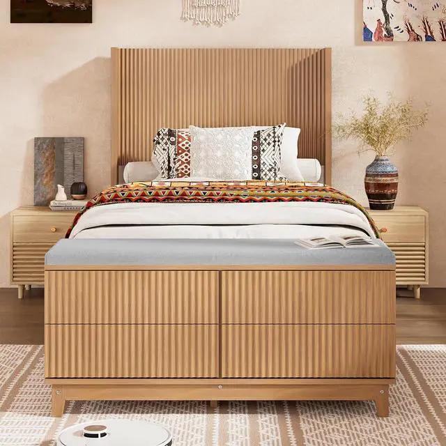 Alt view image 3 of 7 - VINGLI Fluted Twin Bed Frame with Storage Bench and Wingback Headboard, Boho Wooden Single Platform Panel Bed with 4 Drawers,Mid-Century Modern Sleign Bed,Oak