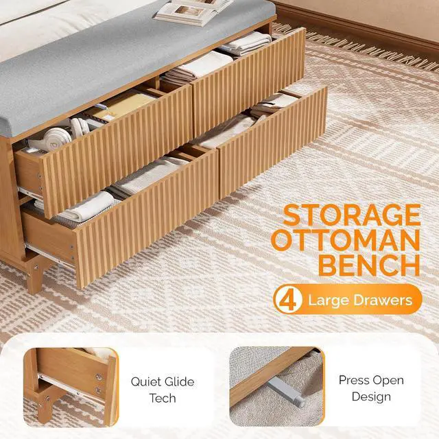 Alt view image 4 of 7 - VINGLI Fluted Twin Bed Frame with Storage Bench and Wingback Headboard, Boho Wooden Single Platform Panel Bed with 4 Drawers,Mid-Century Modern Sleign Bed,Oak