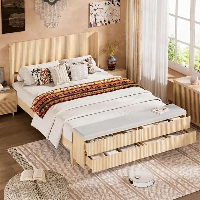 Main image of VINGLI Fluted Queen Bed Frame with Headboard and Storage Bench, Boho Wooden Platform Panel Bed with Wingback Headboard and 4 Drawers,Mid-Century Modern Sleign Bed,Beige