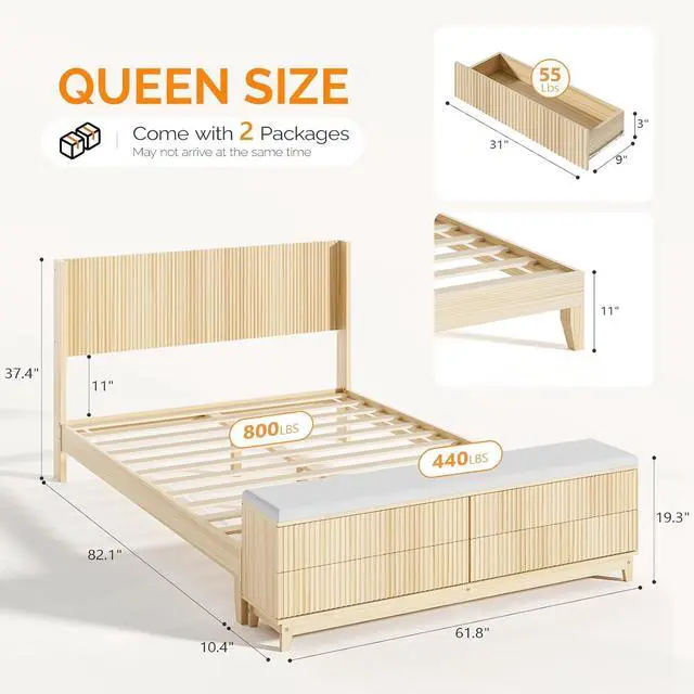 Alt view image 2 of 7 - VINGLI Fluted Queen Bed Frame with Headboard and Storage Bench, Boho Wooden Platform Panel Bed with Wingback Headboard and 4 Drawers,Mid-Century Modern Sleign Bed,Beige