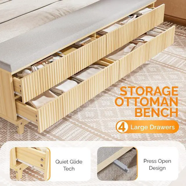 Alt view image 3 of 7 - VINGLI Fluted Queen Bed Frame with Headboard and Storage Bench, Boho Wooden Platform Panel Bed with Wingback Headboard and 4 Drawers,Mid-Century Modern Sleign Bed,Beige