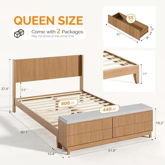 Alt view image 2 of 7 - VINGLI Fluted Queen Bed Frame with Wingback Headboard and Footboard Storage Bench, Boho Solid Wood Platform Panel Bed with 4 Drawers Dresser,Mid-Century Modern Sleign Bed,Oak