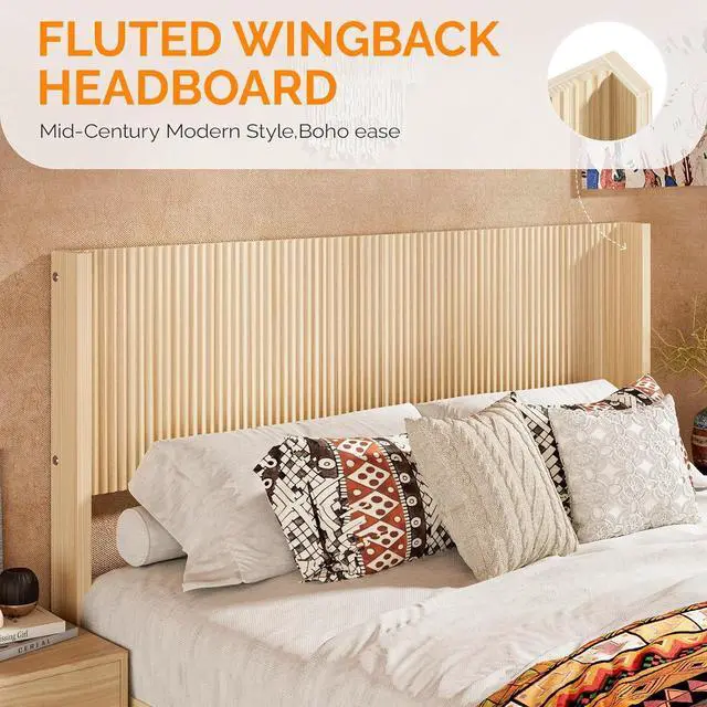 Alt view image 6 of 7 - VINGLI Fluted Queen Bed Frame with Headboard and Storage Bench, Boho Wooden Platform Panel Bed with Wingback Headboard and 4 Drawers,Mid-Century Modern Sleign Bed,Beige