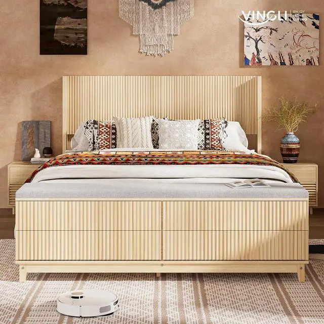 Alt view image 7 of 7 - VINGLI Fluted Queen Bed Frame with Headboard and Storage Bench, Boho Wooden Platform Panel Bed with Wingback Headboard and 4 Drawers,Mid-Century Modern Sleign Bed,Beige