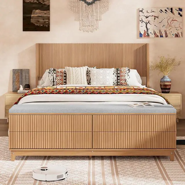 Alt view image 3 of 7 - VINGLI Fluted Queen Bed Frame with Wingback Headboard and Footboard Storage Bench, Boho Solid Wood Platform Panel Bed with 4 Drawers Dresser,Mid-Century Modern Sleign Bed,Oak