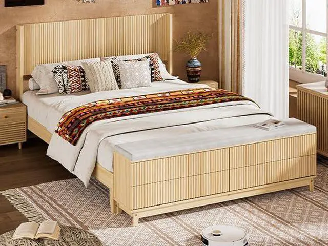 Main image of VINGLI Fluted King Bed Frame with headboard and Storage Bench, Boho Wooden Single Platform Panel Bed with Wingback Headboard and 4 Drawers,Mid-Century Modern Sleign Bed,Natural Wood
