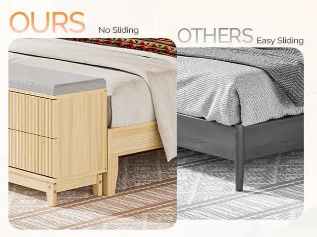 Alt view image 4 of 7 - VINGLI Fluted King Bed Frame with headboard and Storage Bench, Boho Wooden Single Platform Panel Bed with Wingback Headboard and 4 Drawers,Mid-Century Modern Sleign Bed,Natural Wood