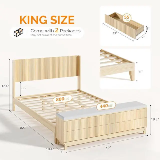 Alt view image 2 of 7 - VINGLI Fluted King Bed Frame with headboard and Storage Bench, Boho Wooden Single Platform Panel Bed with Wingback Headboard and 4 Drawers,Mid-Century Modern Sleign Bed,Natural Wood