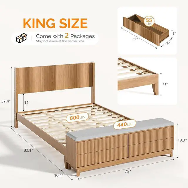 Alt view image 2 of 7 - VINGLI Fluted King Bed Frame with headboard and Storage Bench, Boho Wooden Single Platform Panel Bed with Wingback Headboard and 4 Drawers,Mid-Century Modern Sleign Bed,Oak