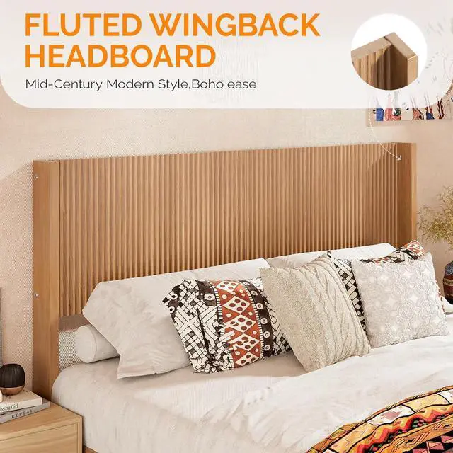Alt view image 6 of 7 - VINGLI Fluted Queen Bed Frame with Wingback Headboard and Footboard Storage Bench, Boho Solid Wood Platform Panel Bed with 4 Drawers Dresser,Mid-Century Modern Sleign Bed,Oak