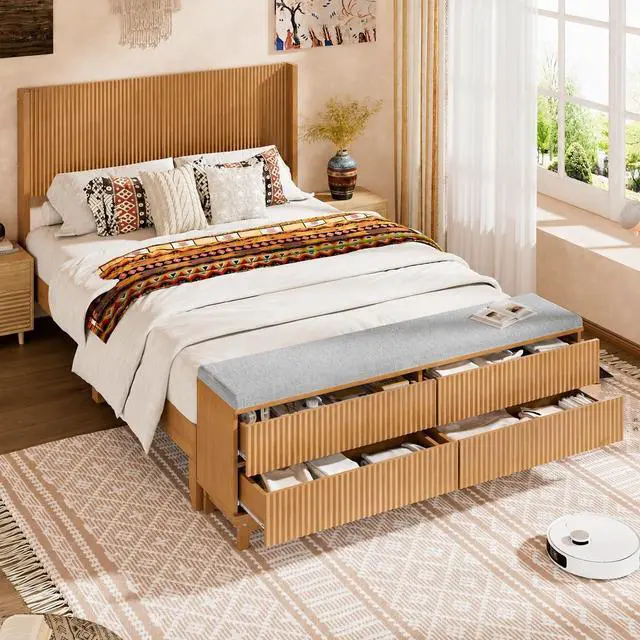 Main image of VINGLI Fluted Full Bed Frame with Wingback Headboard and Footboard Storage Bench, Boho Wooden Double Platform Panel Bed with 4 Drawers,Mid-Century Modern Sleign Bed,Oak