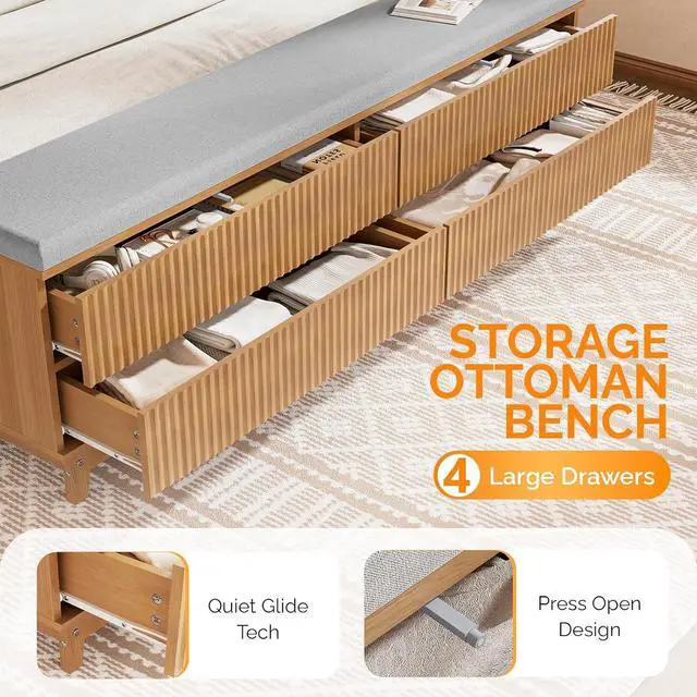 Alt view image 4 of 7 - VINGLI Fluted King Bed Frame with headboard and Storage Bench, Boho Wooden Single Platform Panel Bed with Wingback Headboard and 4 Drawers,Mid-Century Modern Sleign Bed,Oak