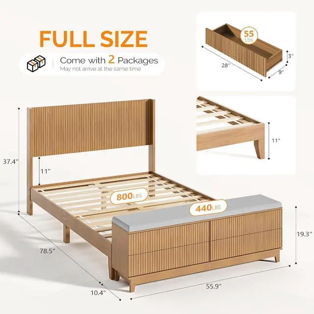 Alt view image 2 of 7 - VINGLI Fluted Full Bed Frame with Wingback Headboard and Footboard Storage Bench, Boho Wooden Double Platform Panel Bed with 4 Drawers,Mid-Century Modern Sleign Bed,Oak