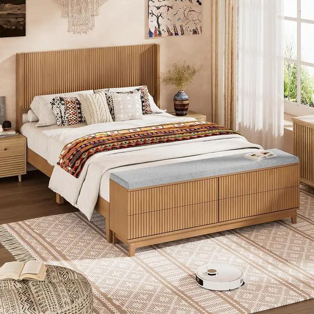 Alt view image 3 of 7 - VINGLI Fluted Full Bed Frame with Wingback Headboard and Footboard Storage Bench, Boho Wooden Double Platform Panel Bed with 4 Drawers,Mid-Century Modern Sleign Bed,Oak