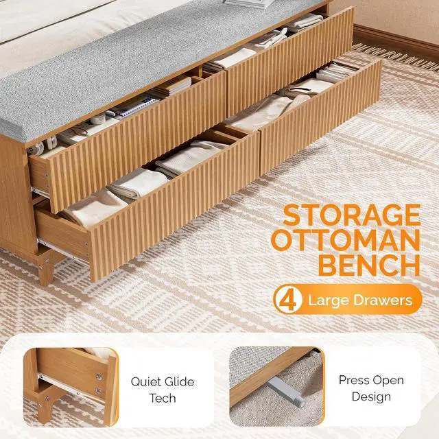 Alt view image 4 of 7 - VINGLI Fluted Full Bed Frame with Wingback Headboard and Footboard Storage Bench, Boho Wooden Double Platform Panel Bed with 4 Drawers,Mid-Century Modern Sleign Bed,Oak