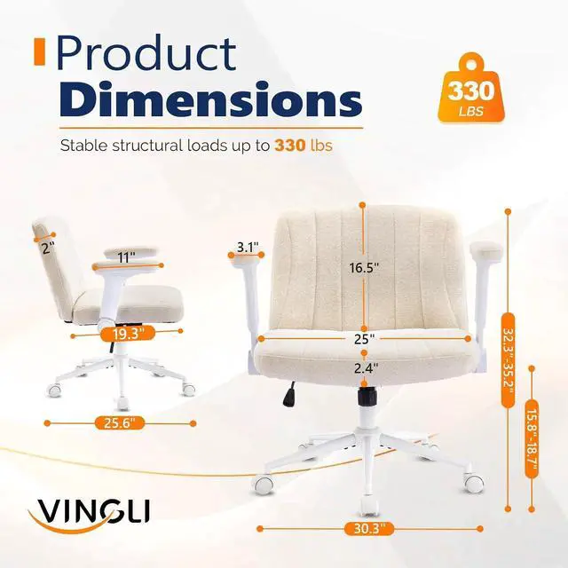 Alt view image 2 of 7 - VINGLI Criss Cross Chair with Adjustable Flip-Up Arms,Cross Legged Chair with Wheels, Extra Wide Office Chair,Cozy Desk Chair for Home Office, Vanity, Apartment,Chenille Velvet,Beige