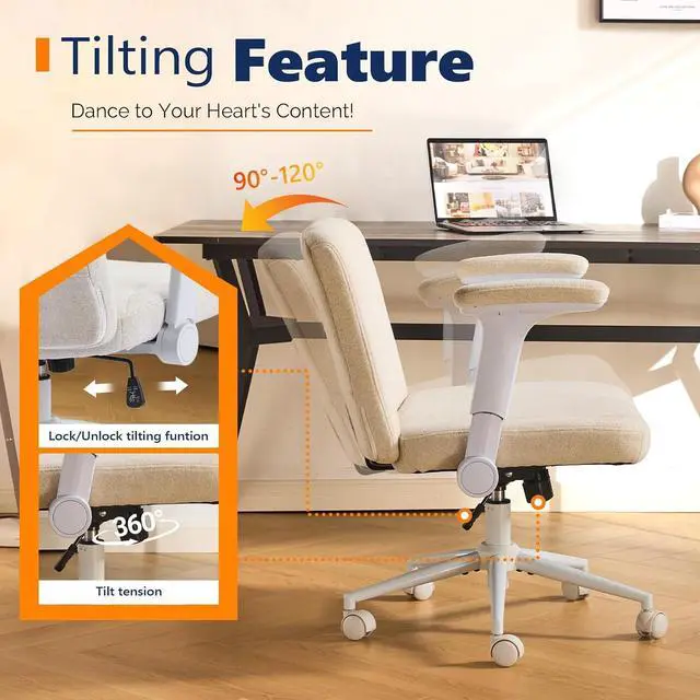 Alt view image 5 of 7 - VINGLI Criss Cross Chair with Adjustable Flip-Up Arms,Cross Legged Chair with Wheels, Extra Wide Office Chair,Cozy Desk Chair for Home Office, Vanity, Apartment,Chenille Velvet,Beige