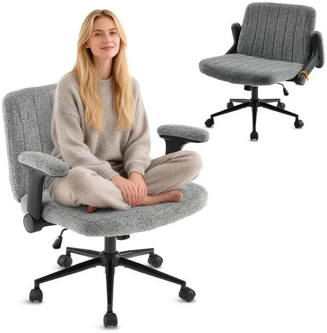 Main image of VINGLI Criss Cross Chair with Adjustable Flip-Up Arms,Cross Legged Chair with Wheels, Extra Wide Office Chair,Cozy Desk Chair for Home Office, Vanity, Apartment,Chenille Velvet,Grey