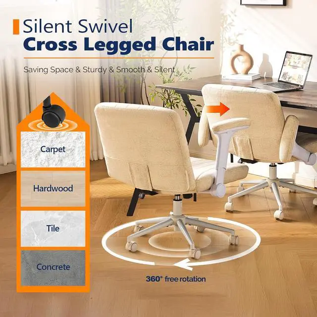 Alt view image 7 of 7 - VINGLI Criss Cross Chair with Adjustable Flip-Up Arms,Cross Legged Chair with Wheels, Extra Wide Office Chair,Cozy Desk Chair for Home Office, Vanity, Apartment,Chenille Velvet,Beige