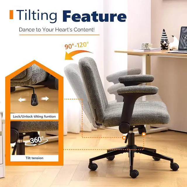 Alt view image 5 of 7 - VINGLI Criss Cross Chair with Adjustable Flip-Up Arms,Cross Legged Chair with Wheels, Extra Wide Office Chair,Cozy Desk Chair for Home Office, Vanity, Apartment,Chenille Velvet,Grey