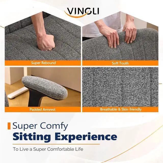 Alt view image 4 of 7 - VINGLI Criss Cross Chair with Adjustable Flip-Up Arms,Cross Legged Chair with Wheels, Extra Wide Office Chair,Cozy Desk Chair for Home Office, Vanity, Apartment,Chenille Velvet,Grey