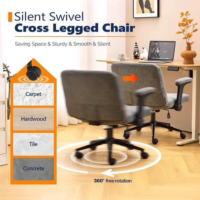 Alt view image 7 of 7 - VINGLI Criss Cross Chair with Adjustable Flip-Up Arms,Cross Legged Chair with Wheels, Extra Wide Office Chair,Cozy Desk Chair for Home Office, Vanity, Apartment,Chenille Velvet,Grey
