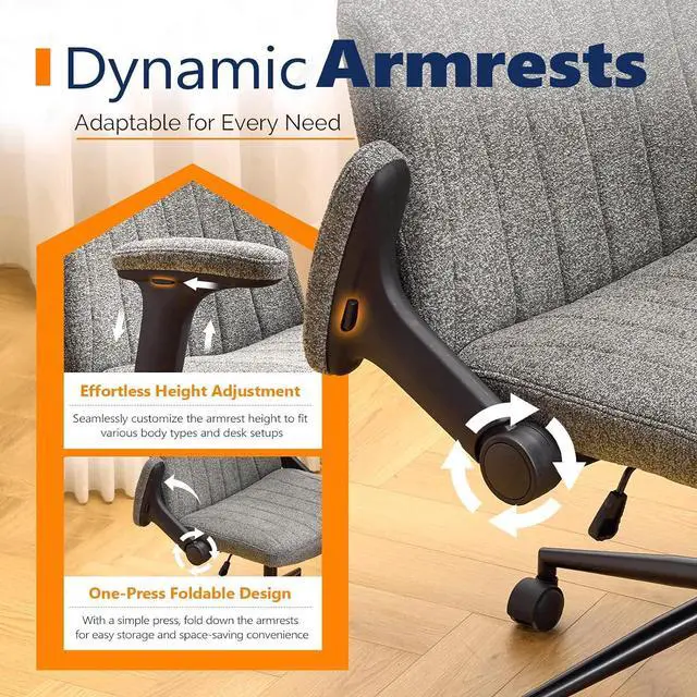 Alt view image 6 of 7 - VINGLI Criss Cross Chair with Adjustable Flip-Up Arms,Cross Legged Chair with Wheels, Extra Wide Office Chair,Cozy Desk Chair for Home Office, Vanity, Apartment,Chenille Velvet,Grey