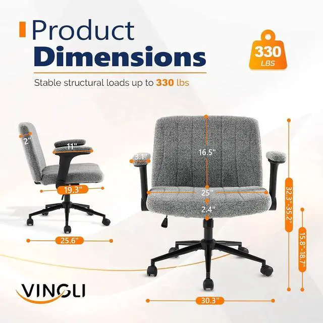 Alt view image 2 of 7 - VINGLI Criss Cross Chair with Adjustable Flip-Up Arms,Cross Legged Chair with Wheels, Extra Wide Office Chair,Cozy Desk Chair for Home Office, Vanity, Apartment,Chenille Velvet,Grey