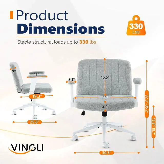 Alt view image 2 of 7 - VINGLI Criss Cross Chair with Adjustable Flip-Up Arms,Cross Legged Chair with Wheels, Extra Wide Office Chair,Cozy Desk Chair for Home Office, Vanity, Apartment,Chenille Velvet,Light Blue-Green