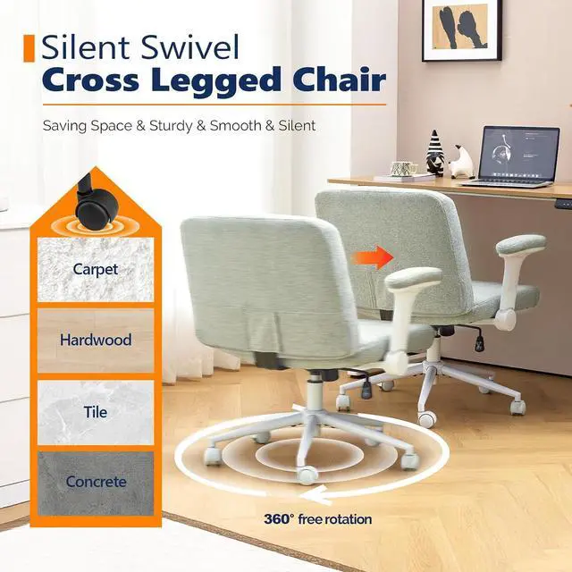 Alt view image 7 of 7 - VINGLI Criss Cross Chair with Adjustable Flip-Up Arms,Cross Legged Chair with Wheels, Extra Wide Office Chair,Cozy Desk Chair for Home Office, Vanity, Apartment,Chenille Velvet,Light Blue-Green