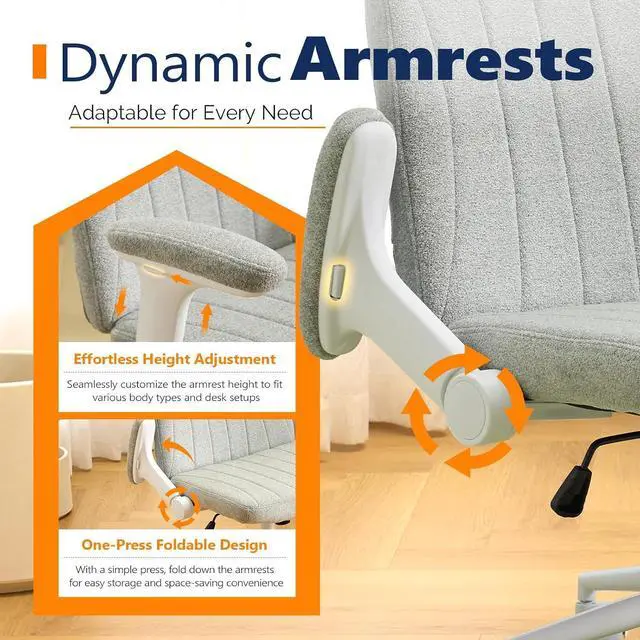 Alt view image 6 of 7 - VINGLI Criss Cross Chair with Adjustable Flip-Up Arms,Cross Legged Chair with Wheels, Extra Wide Office Chair,Cozy Desk Chair for Home Office, Vanity, Apartment,Chenille Velvet,Light Blue-Green